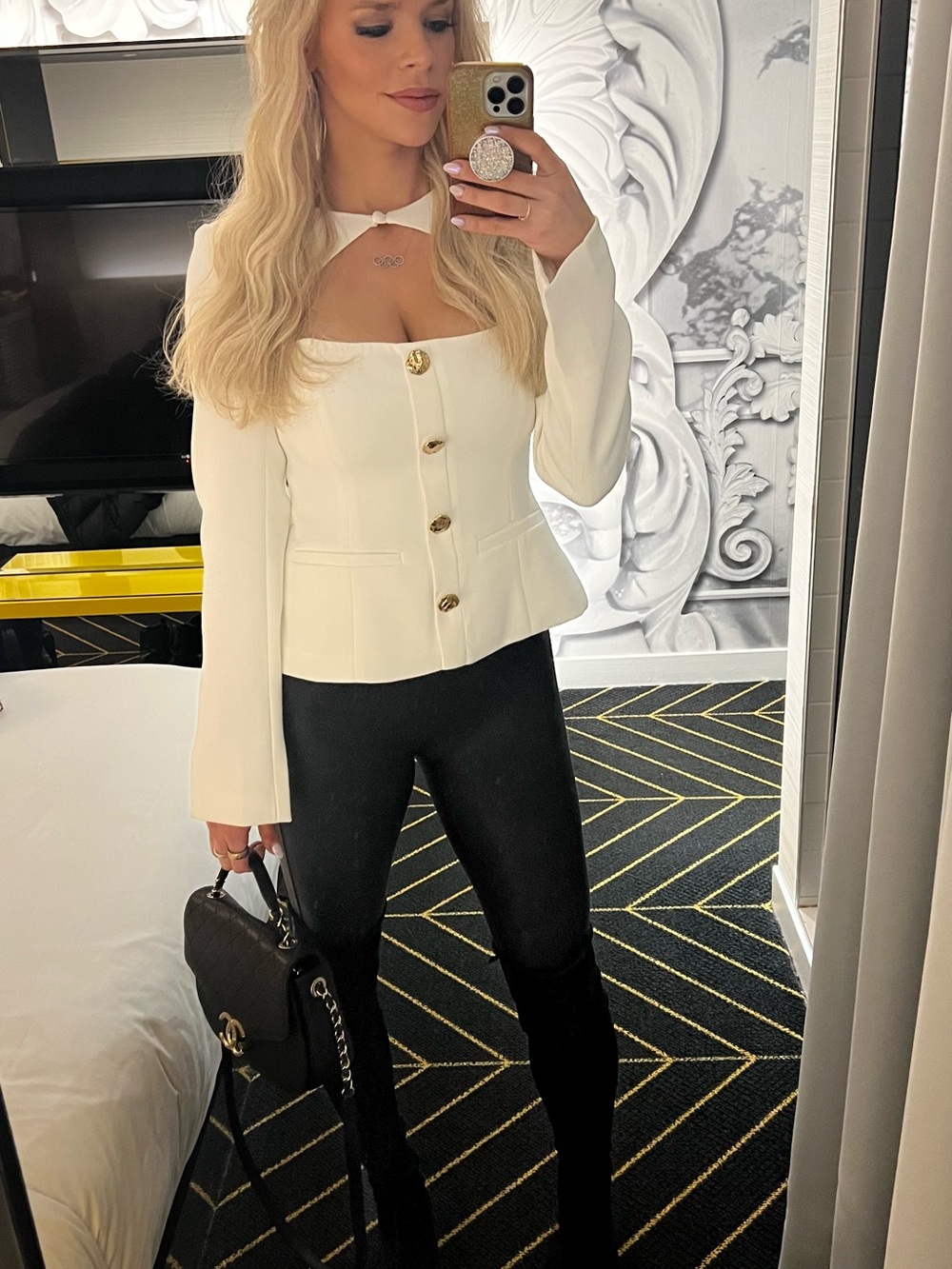 Cami White Cutout Blazer with Gold Buttons